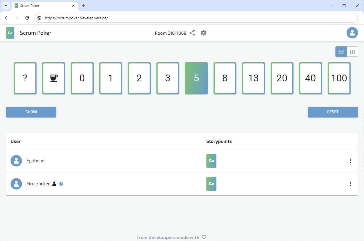 ein Screenshot vom Online Planning Poker